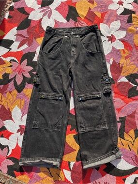 Liquid Lagoon Black Denim Wide Leg Carpenter Cargo Jeans